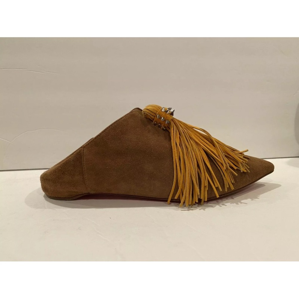Christian Louboutin suede flat slippers slip on brown fringe studded 34 - Picture 3 of 13